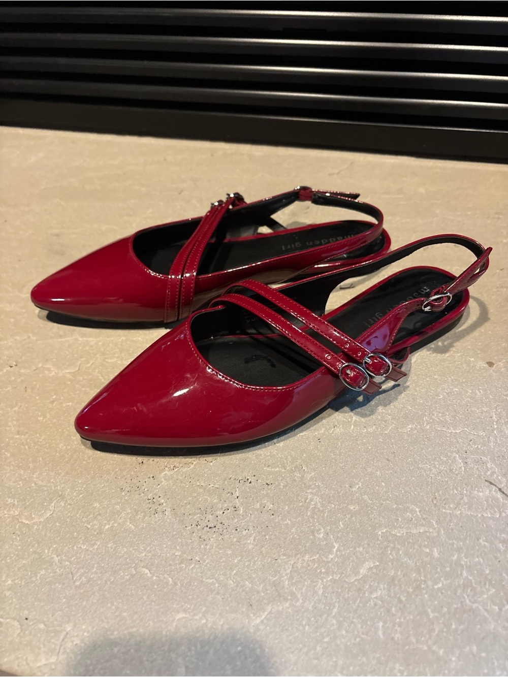 Madden Girl Patent Red Pointed Toe Slingback Flats with Double Strap